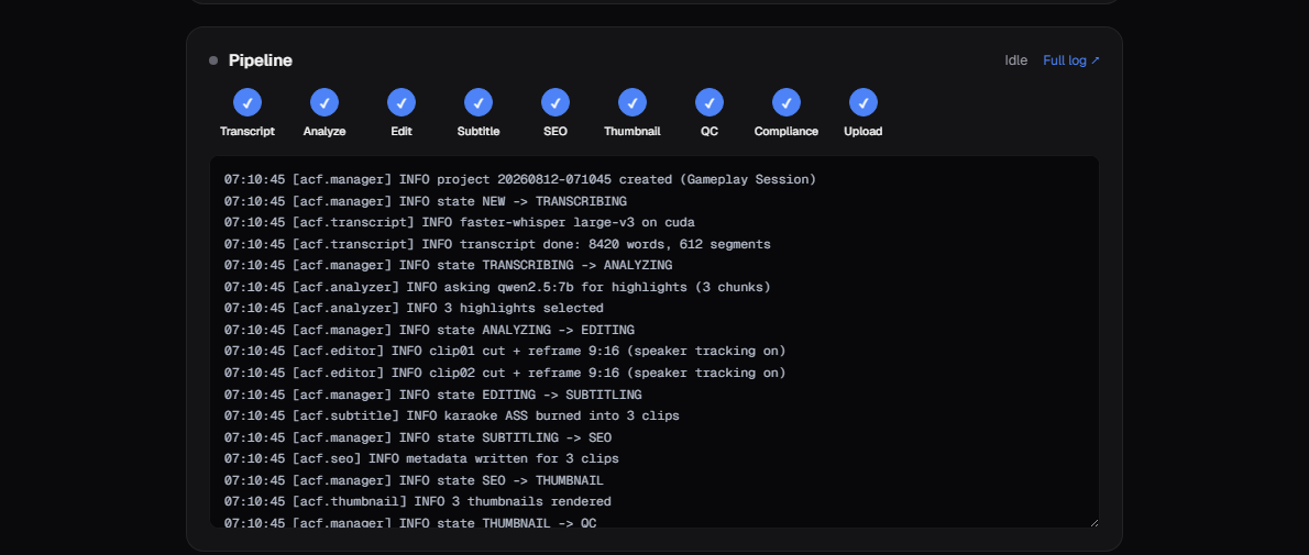 Pipeline progress with stage indicators and a live log tail