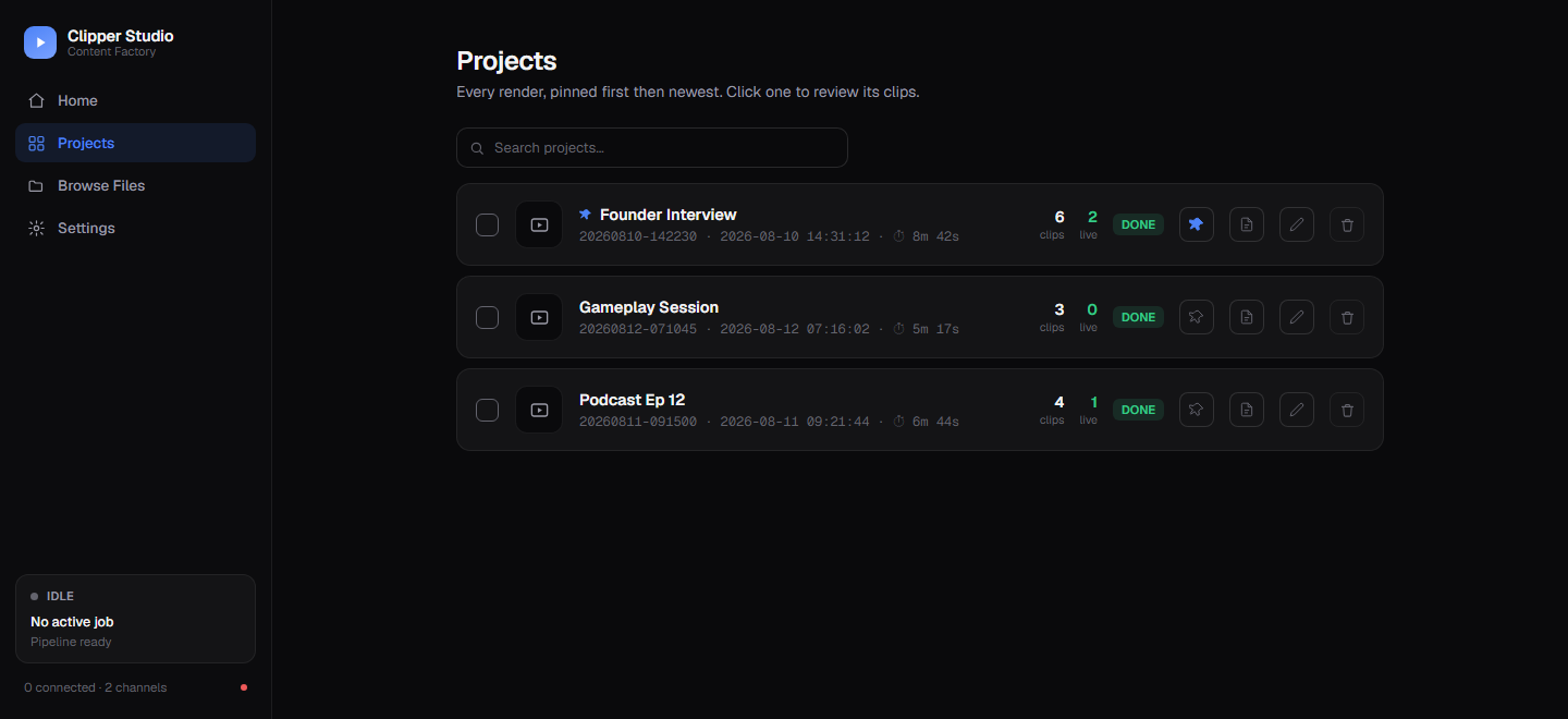 Projects list with clip counts, runtime and status