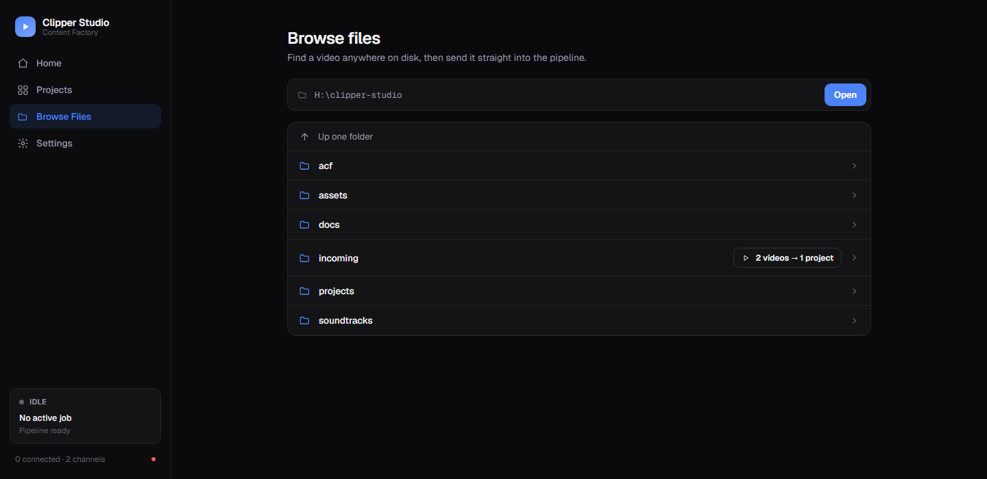 File browser listing folders on disk with a send-to-pipeline action