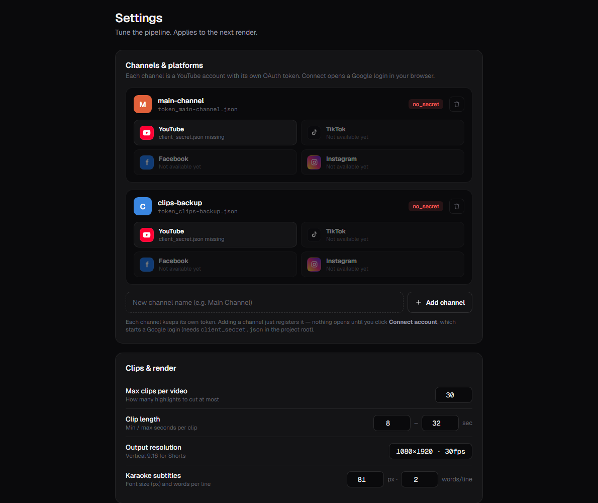 Channel settings showing per-account YouTube OAuth tokens