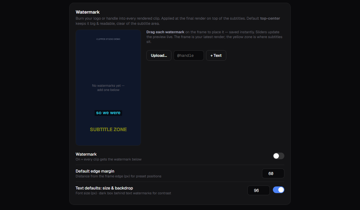 Watermark placement panel with a draggable preview frame and the subtitle safe zone highlighted