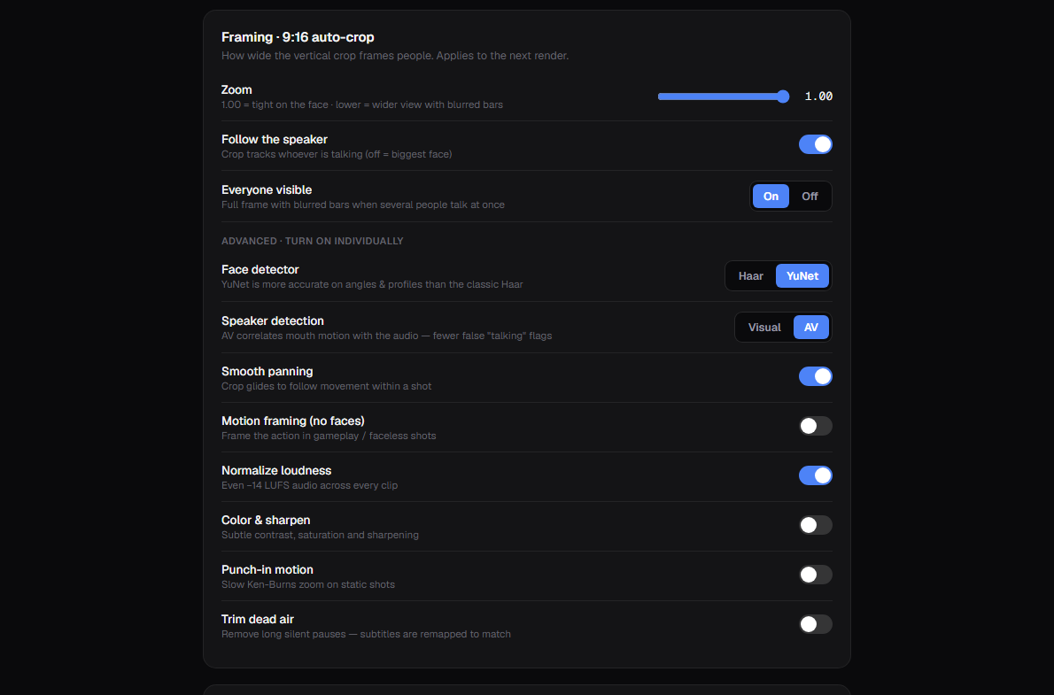 Framing settings with zoom slider, speaker tracking toggle and advanced detector options