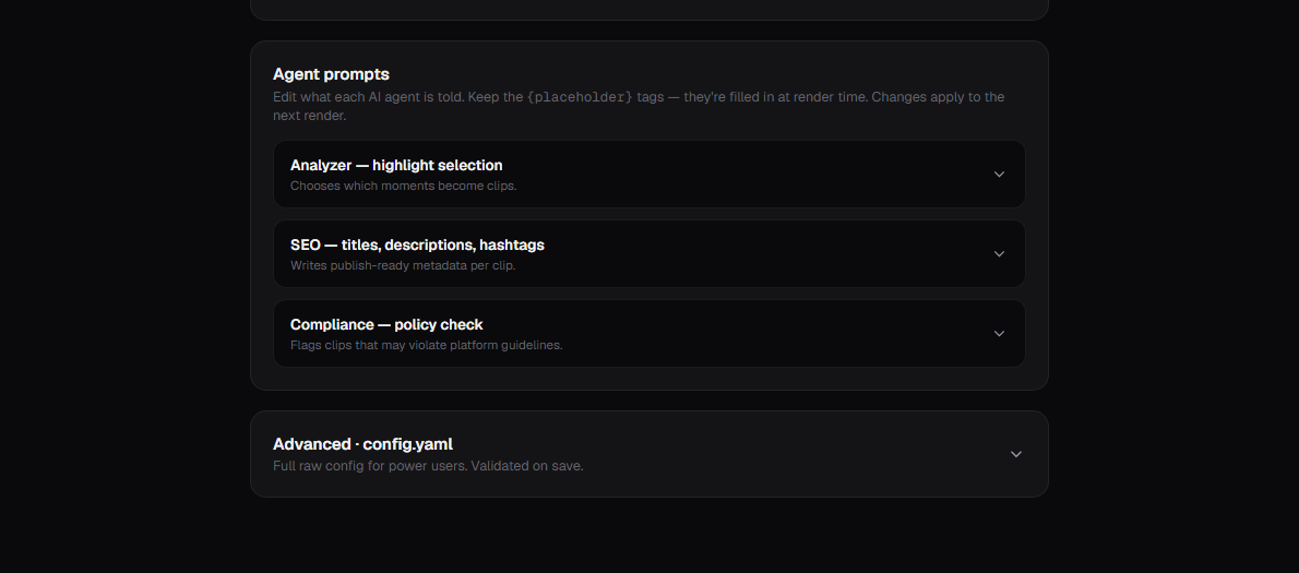 Agent prompt editors for the Analyzer, SEO and Compliance agents